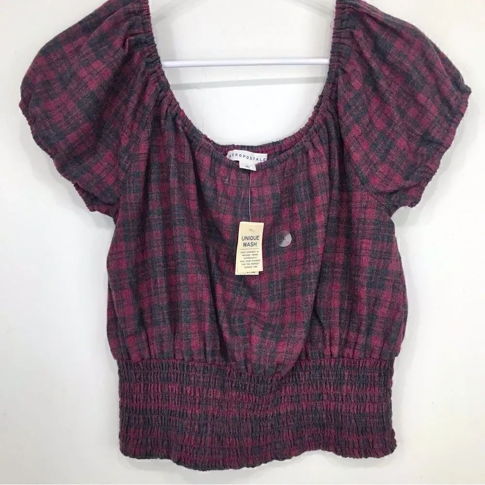 Aeropostale Burgundy Plaid Smocked Short Sleeve Crop Peasant Blouse NEW
